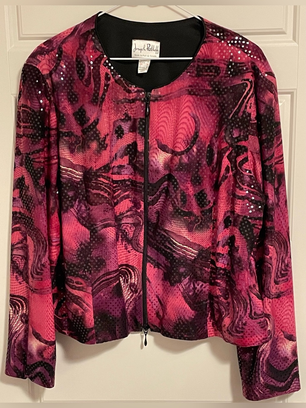 Joseph Ribkoff Pink & Black Sequins Abstract Zipper Coat